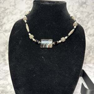 Banded Agate and Sterling Silver Beaded Statement Necklace